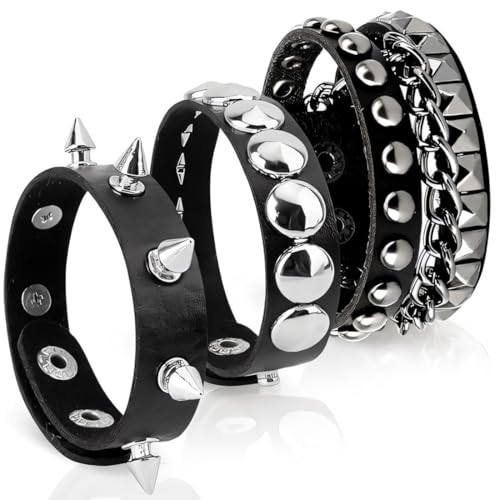 JAWUZ 3 Stück Punk Rock Armband Leder Armband Nietenarmband Herren Damen Armband Emo Accessoires Gothic Breites Armband mit Verschluss Rock Armband Set Biker Armband für Party/Konzert/Cosplay von JAWUZ