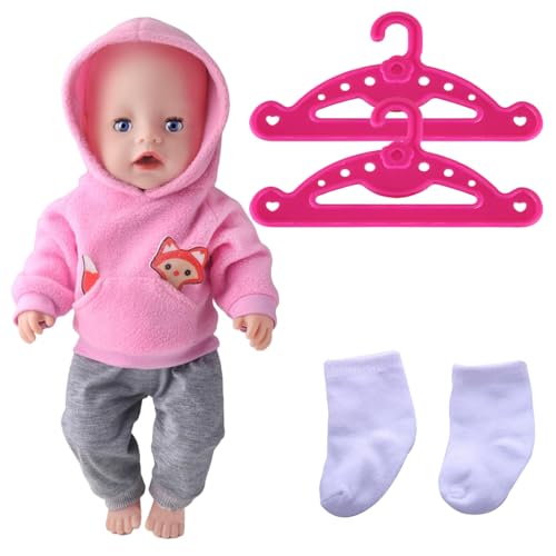 JAWUZ Baby Puppen Puppenkleidung 35-43 cm, Kleidung Outfits für Baby Puppen, 1 Animal Element Kapuzensweatshirt+ 1 graue Hose + 1 Paar Socken +2 Hänger, Puppenkleidungsset Geschenk für Kinder(Rosa) von JAWUZ