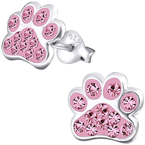 JAYARE Pfoten Kinder Ohrringe Mädchen Tatzen Glitzer Katzen Hunde Ohrstecker Silber 925 Sterling hell-rosa Geschenke für Mädchen Schmuck im Geschenketui von JAYARE