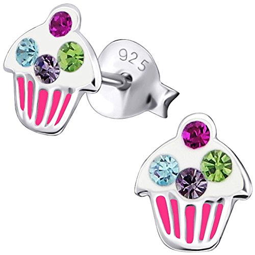 JAYARE Ohrringe Mädchen Muffin Cupcake 925 Sterling Silber Glitzer-Kristalle bunt Kinder Ohrstecker von JAYARE