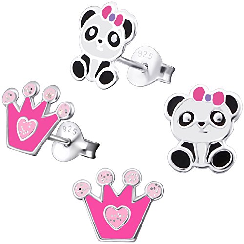 2 Paar JAYARE Kinder Ohrstecker Panda-Bär und Prinzessin-Krone 925 Sterling Silber Emaille rosa pink schwarz weiß Glitzer Mädchen Ohrringe von JAYARE