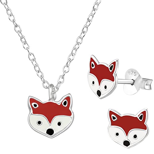 JAYARE Kinder Schmuckset Mädchen - Fuchs Füchse - Halskette und Ohrringe - Kette Silber 925 mit Anhänger und Ohrstecker von JAYARE