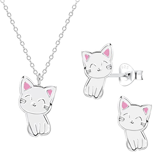 JAYARE Kinder Schmuckset Mädchen - Katze Kätzchen - Halskette und Ohrringe - Kette Silber 925 mit Anhänger und Ohrstecker von JAYARE