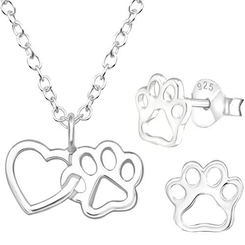 JAYARE Kinder Schmuckset Mädchen - Pfoten mit Herz Hund Katze - Halskette und Ohrringe - Kette Silber 925 mit Anhänger und Ohrstecker von JAYARE