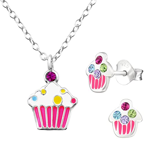 JAYARE Kinder Schmuckset Mädchen - Muffin Cupcake - Halskette und Ohrringe - Kette Silber 925 mit Anhänger und Ohrstecker von JAYARE