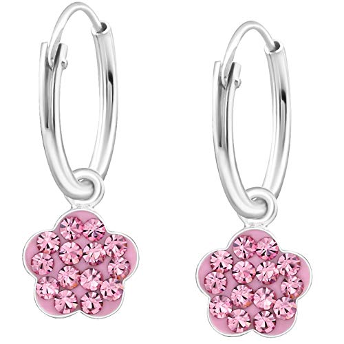 JAYARE Ohrringe Mädchen Creole Blume 925 Sterling Silber Glitzer-Kristalle rosa 20 x 8 mm Kinder Creolen Mädchenohrringe Kinderohrringe von JAYARE