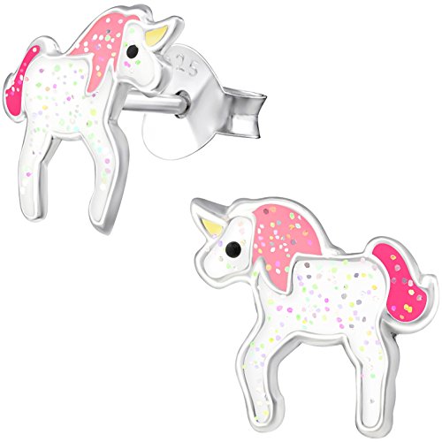 JAYARE Ohrringe Mädchen Einhorn 925 Sterling Silber rosa-pink Kinder Ohrstecker von JAYARE