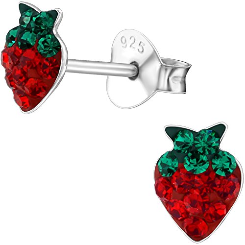 JAYARE Ohrringe Mädchen Erdbeeren 925 Sterling Silber Glitzer-Kristalle rot Kinder Ohrstecker von JAYARE