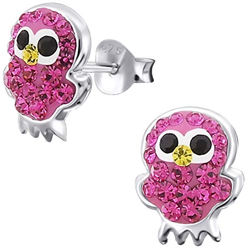 JAYARE Ohrringe Mädchen Eule Glitzer Kristalle rosa pink 925 Sterling Silber Kinder Ohrstecker Mädchenohrringe Kinderohrstecker von JAYARE
