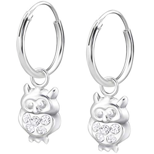 JAYARE Ohrringe Mädchen Eulen 925 Sterling Silber Glitzer-Kristalle kristall-weiß Kinder Creolen von JAYARE