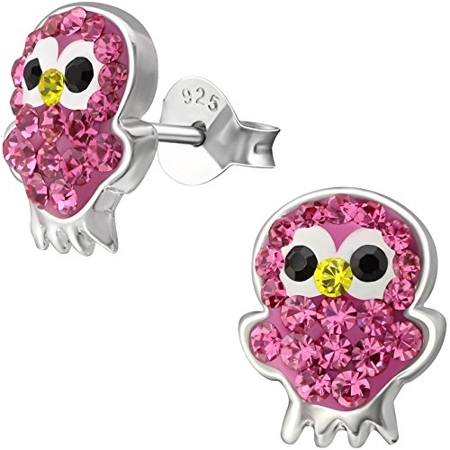 JAYARE Ohrringe Mädchen Eulen 925 Sterling Silber rhodiniert Glitzer-Kristalle rosa-pink Kinder Ohrstecker von JAYARE