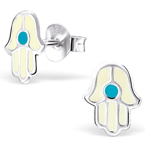 JAYARE Ohrringe Mädchen Hand der Fatima Hamsa 925 Sterling Silber weiß Kinder Ohrstecker von JAYARE