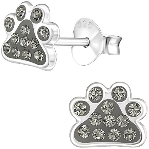 JAYARE Ohrringe Mädchen Hunde-Pfoten Tatzen 925 Sterling Silber Glitzer-Kristalle diamant-schwarz Kinder Ohrstecker von JAYARE