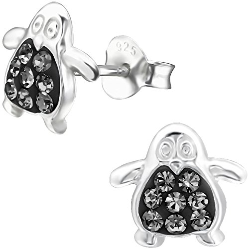 JAYARE Ohrringe Mädchen Pinguin 925 Sterling Silber Glitzer-Kristalle diamant-schwarz Kinder Ohrstecker von JAYARE