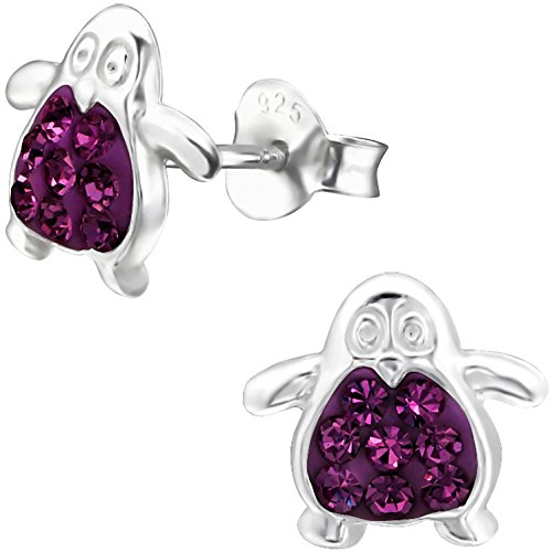JAYARE Ohrringe Mädchen Pinguin 925 Sterling Silber Glitzer-Kristalle violett-lila Kinder Ohrstecker von JAYARE