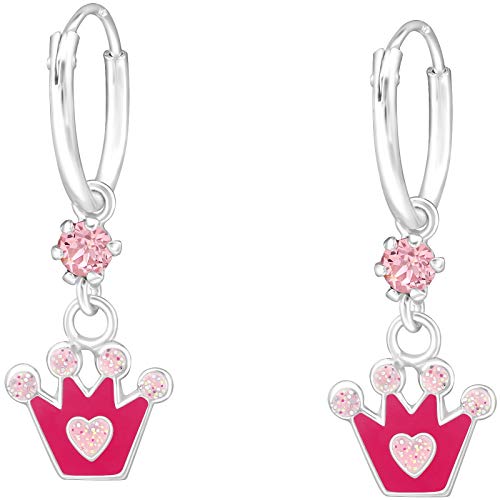 JAYARE Ohrringe Mädchen Prinzessin-Krone 925 Sterling Silber Glitzer-Kristalle rosa-pink Kinder Creolen von JAYARE