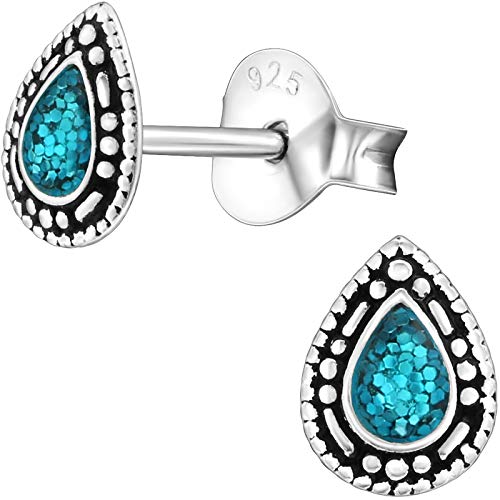 JAYARE Ohrringe Mädchen Träne Tropfen 925 Sterling Silber oxidiert blau Kinder Ohrstecker von JAYARE