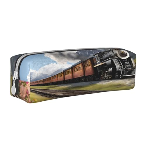 JAYWIS Federmäppchen aus Leder mit Dampflokomotiven-Zug, mit Reißverschluss, handgefertigt, Crossgrain, kompakt für Schule, Büro und Reisen, weiß, Einheitsgröße, Kosmetikkoffer von JAYWIS