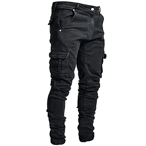 JAYYOU Cargohose Herren Seitentasche Hose mit Reißverschluss Knopfleiste Skinny Jeans mit Tasche Full Pants, Schwarz , 34-37 von JAYYOU