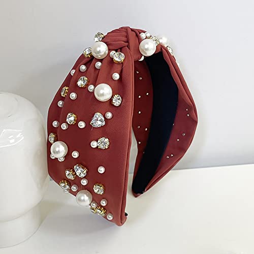 Frauen-Mädchen-breites Rhinestone-Perlen-Satin-Haarband-Erwachsen-Haar-Accessoires, Burgund von JAZIEL