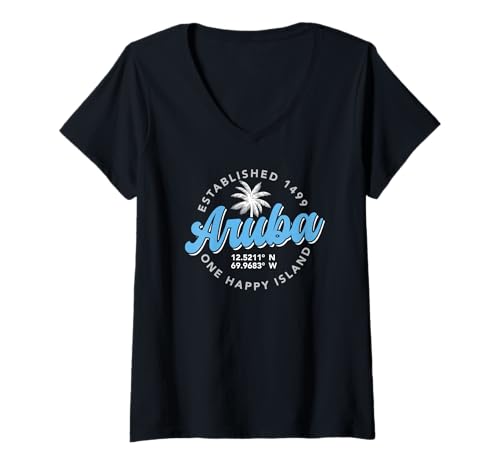 Damen Aruba Est. 1499 One Happy Island Geo Koordinaten T-Shirt mit V-Ausschnitt Damen Aruba Est. 1499 One Happy Island Geo Koordinaten T-Shirt mit V-Ausschnitt von JB's Aruba Shop