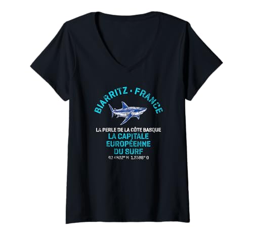 Damen Biarritz, Frankreich, Kurzflossen, Mako-Haifischprint im Used-Look T-Shirt mit V-Ausschnitt Damen Biarritz, Frankreich, Kurzflossen, Mako-Haifischprint im Used-Look T-Shirt mit V-Ausschnitt von JB's Biarritz France Shop