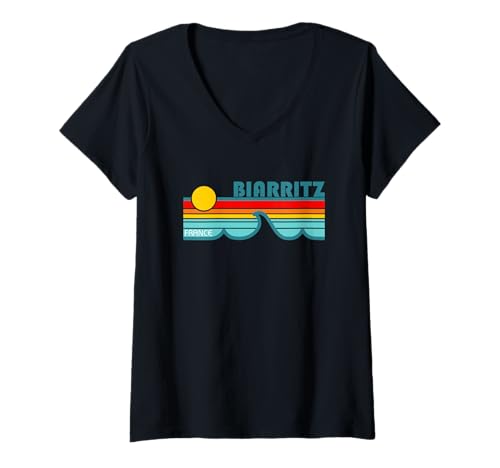 Damen Biarritz Frankreich Retro Wellen und Sonnenuntergang T-Shirt mit V-Ausschnitt Damen Biarritz Frankreich Retro Wellen und Sonnenuntergang T-Shirt mit V-Ausschnitt von JB's Biarritz France Shop
