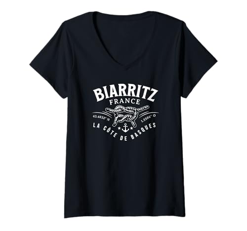 Damen Biarritz Frankreich mit Koordinaten, weißer Aufdruck T-Shirt mit V-Ausschnitt von JB's Biarritz France Shop