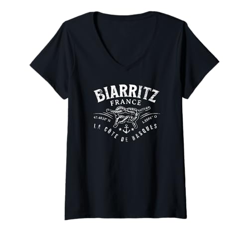 Damen Biarritz Frankreich mit Koordinaten, weißer Druck, Used-Look T-Shirt mit V-Ausschnitt Damen Biarritz Frankreich mit Koordinaten, weißer Druck, Used-Look T-Shirt mit V-Ausschnitt von JB's Biarritz France Shop