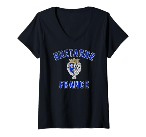 Damen Bretagne Frankreich Wappen Used-Look T-Shirt mit V-Ausschnitt Damen Bretagne Frankreich Wappen Used-Look T-Shirt mit V-Ausschnitt von JB's Brittany France Shop