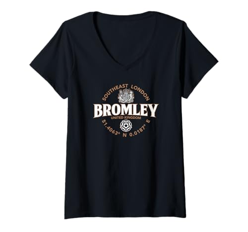 Damen Bromley Southeast London England Koordinaten Label 2C T-Shirt mit V-Ausschnitt von JB's Bromley United Kingdom Shop