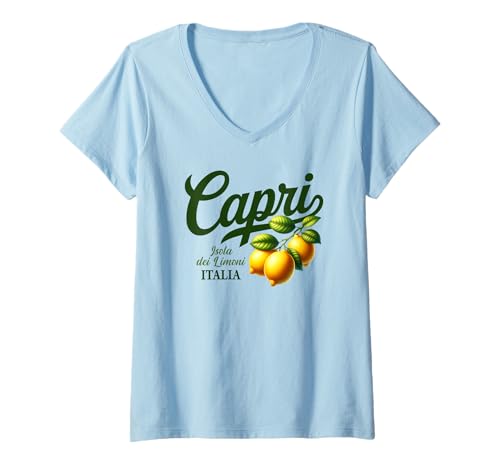 Damen Capri Italien Island of Lemons in Italienischer grüner Schrift T-Shirt mit V-Ausschnitt Damen Capri Italien Island of Lemons in Italienischer grüner Schrift T-Shirt mit V-Ausschnitt von JB's Capri Italy Shop