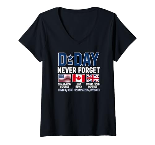 Damen D-Day Never Forget 6. Juni 1994 Normandie Frankreich T-Shirt mit V-Ausschnitt Damen D-Day Never Forget 6. Juni 1994 Normandie Frankreich T-Shirt mit V-Ausschnitt von JB's D-Day Shop