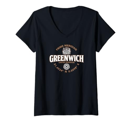 Damen Greenwich Prime Meridian Koordinaten Label 2C T-Shirt mit V-Ausschnitt von JB's Greenwish United Kingdom Shop