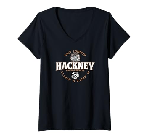 Damen Hackney East London England Koordinaten Label 2C T-Shirt mit V-Ausschnitt Damen Hackney East London England Koordinaten Label 2C T-Shirt mit V-Ausschnitt von JB's Hackney United Kingdom Shop