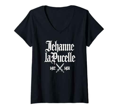 Damen Jeanne d'Arc 1412-1431 Kreuzschwerter, französischer Druck, Weiß T-Shirt mit V-Ausschnitt Damen Jeanne d'Arc 1412-1431 Kreuzschwerter, französischer Druck, Weiß T-Shirt mit V-Ausschnitt von JB's Joan of Arc Shop