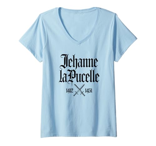 Damen Jeanne d'Arc 1412-1431 Schwerter, französischer Druck, Schwarz T-Shirt mit V-Ausschnitt von JB's Joan of Arc Shop