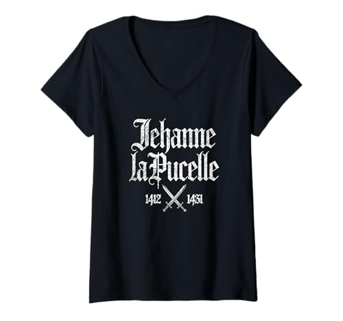 Damen Jeanne d'Arc 1412-1431 Schwerter, französischer Druck, Weiß T-Shirt mit V-Ausschnitt Damen Jeanne d'Arc 1412-1431 Schwerter, französischer Druck, Weiß T-Shirt mit V-Ausschnitt von JB's Joan of Arc Shop