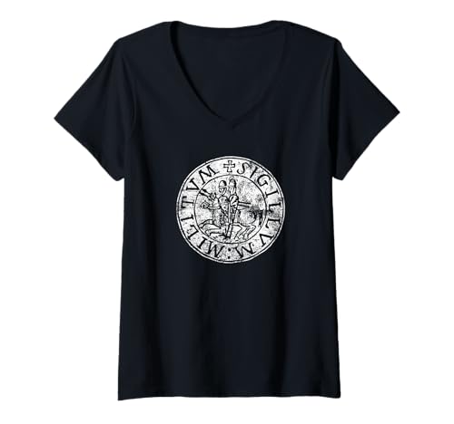 Damen Aufdruck mit dem Siegel der Tempelritter im Used-Look T-Shirt mit V-Ausschnitt Damen Aufdruck mit dem Siegel der Tempelritter im Used-Look T-Shirt mit V-Ausschnitt von JB's Knights Templar Shop