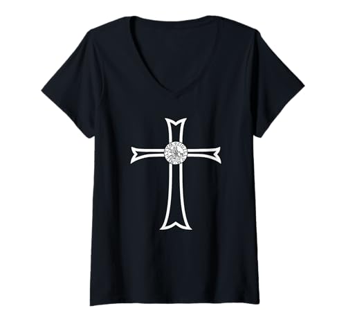 Damen Tempelritter Siegel und Kreuz, weißer Druck T-Shirt mit V-Ausschnitt Damen Tempelritter Siegel und Kreuz, weißer Druck T-Shirt mit V-Ausschnitt von JB's Knights Templar Shop