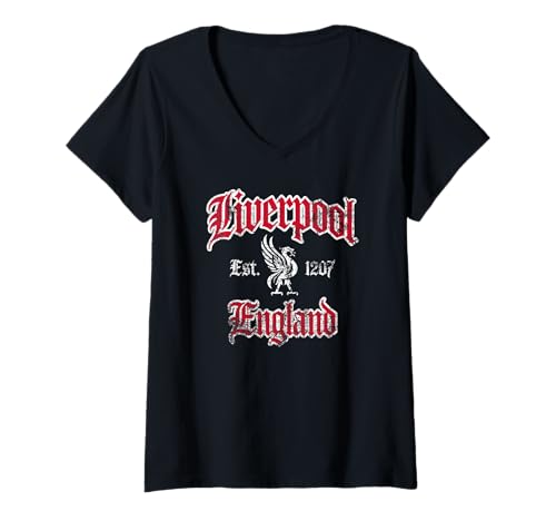 Damen Liverpool England Est. 1207 Rot-Weiß-Druck im Used-Look T-Shirt mit V-Ausschnitt von JB's Liverpool England Shop