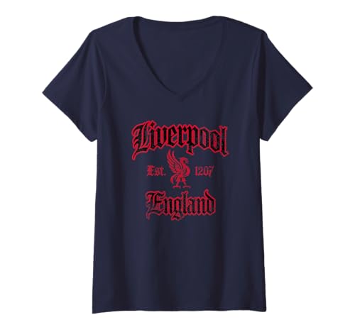 Damen Liverpool England Est. 1207 Schwarz und Rot Used-Look T-Shirt mit V-Ausschnitt von JB's Liverpool England Shop