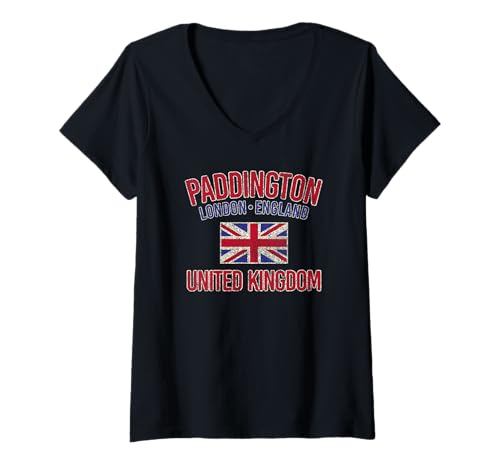 Damen Paddington London England Vereinigtes Königreich Union Jack Distressed T-Shirt mit V-Ausschnitt von JB's Paddington London UK Shop