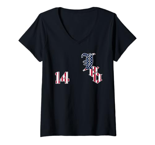 Damen Papst Leo XIV von Chicago Nummer 14 Sports USA Flagge T-Shirt mit V-Ausschnitt Damen Papst Leo XIV von Chicago Nummer 14 Sports USA Flagge T-Shirt mit V-Ausschnitt von JB's Pope Shop