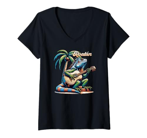 Damen Roatan Leguan spielt Gitarre unter einer Palme T-Shirt mit V-Ausschnitt Damen Roatan Leguan spielt Gitarre unter einer Palme T-Shirt mit V-Ausschnitt von JB's Roatan Honduras Shop