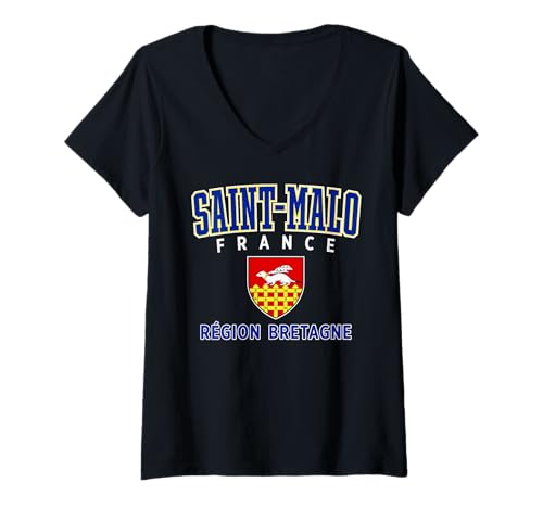 Damen Saint-Malo Frankreich Bretagne Region Wappen T-Shirt mit V-Ausschnitt Damen Saint-Malo Frankreich Bretagne Region Wappen T-Shirt mit V-Ausschnitt von JB's Saint-Malo France Shop