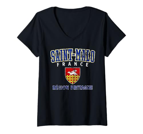 Damen Saint-Malo Frankreich Bretagne Region Wappen Used-Look T-Shirt mit V-Ausschnitt Damen Saint-Malo Frankreich Bretagne Region Wappen Used-Look T-Shirt mit V-Ausschnitt von JB's Saint-Malo France Shop
