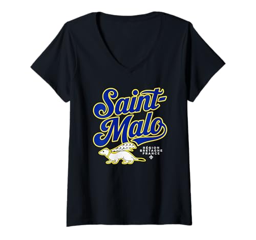Damen Saint-Malo Frankreich Bretagne Schrift mit Hermelin T-Shirt mit V-Ausschnitt Damen Saint-Malo Frankreich Bretagne Schrift mit Hermelin T-Shirt mit V-Ausschnitt von JB's Saint-Malo France Shop