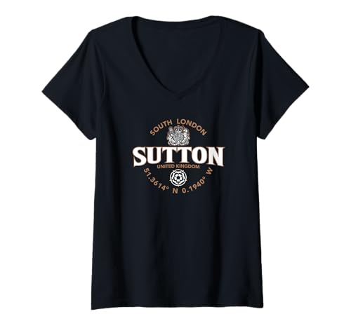 Damen Sutton South London England Koordinaten Label 2C T-Shirt mit V-Ausschnitt Damen Sutton South London England Koordinaten Label 2C T-Shirt mit V-Ausschnitt von JB's Sutton United Kingdom Shop