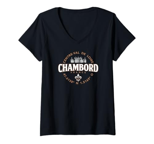 Damen Château de Chambord Geografische Koordinaten T-Shirt mit V-Ausschnitt Damen Château de Chambord Geografische Koordinaten T-Shirt mit V-Ausschnitt von JB's Val de Loire Shop